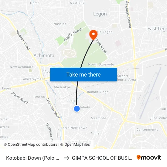 Kotobabi Down (Polo Park) to GIMPA SCHOOL OF BUSINESS map
