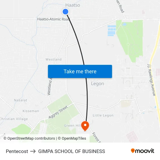 Pentecost to GIMPA SCHOOL OF BUSINESS map
