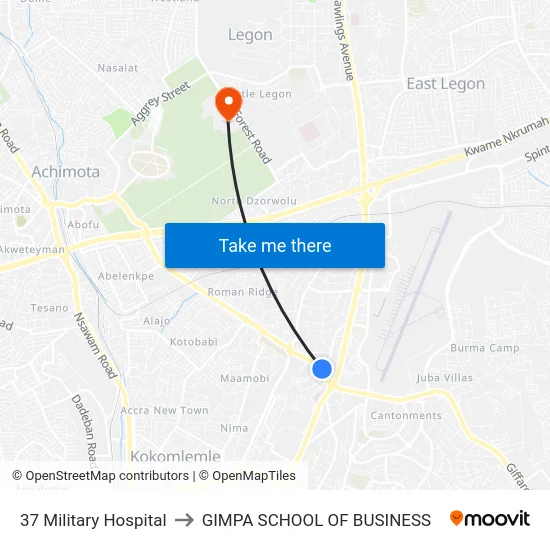 37 Military Hospital to GIMPA SCHOOL OF BUSINESS map
