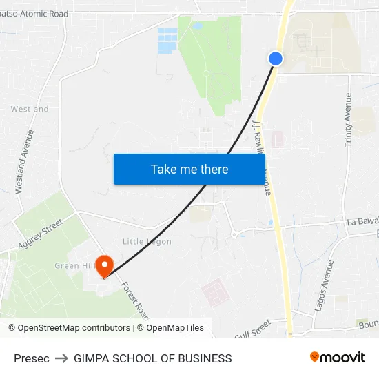 Presec to GIMPA SCHOOL OF BUSINESS map