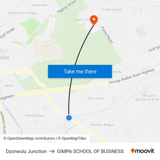 Dzorwulu Junction to GIMPA SCHOOL OF BUSINESS map