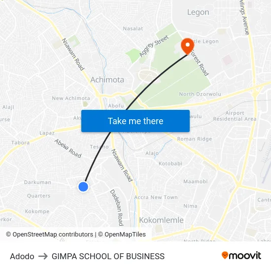 Adodo to GIMPA SCHOOL OF BUSINESS map