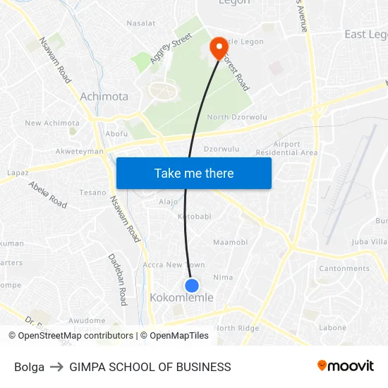Bolga to GIMPA SCHOOL OF BUSINESS map