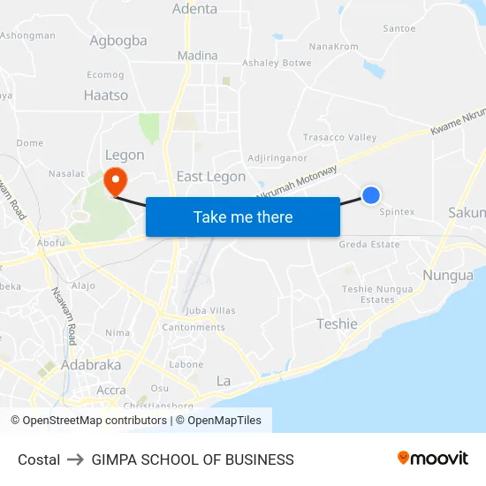 Costal to GIMPA SCHOOL OF BUSINESS map