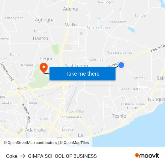 Coke to GIMPA SCHOOL OF BUSINESS map