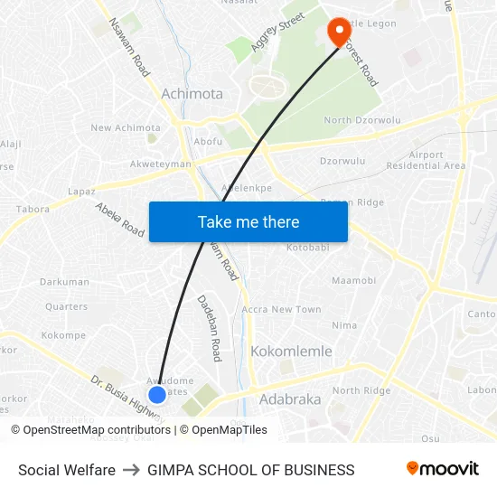Social Welfare to GIMPA SCHOOL OF BUSINESS map