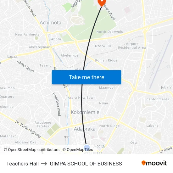 Teachers Hall to GIMPA SCHOOL OF BUSINESS map