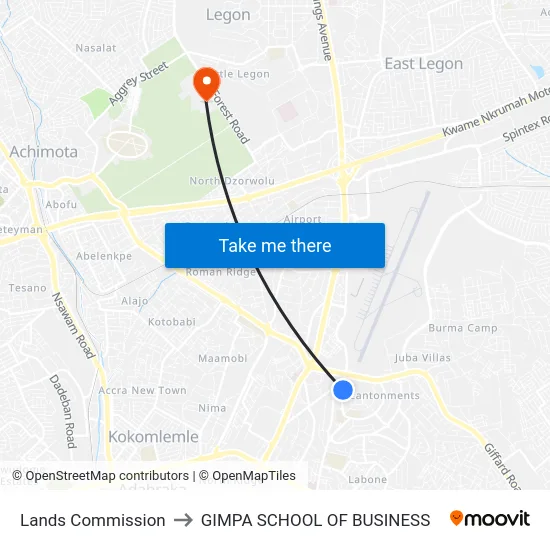 Lands Commission to GIMPA SCHOOL OF BUSINESS map