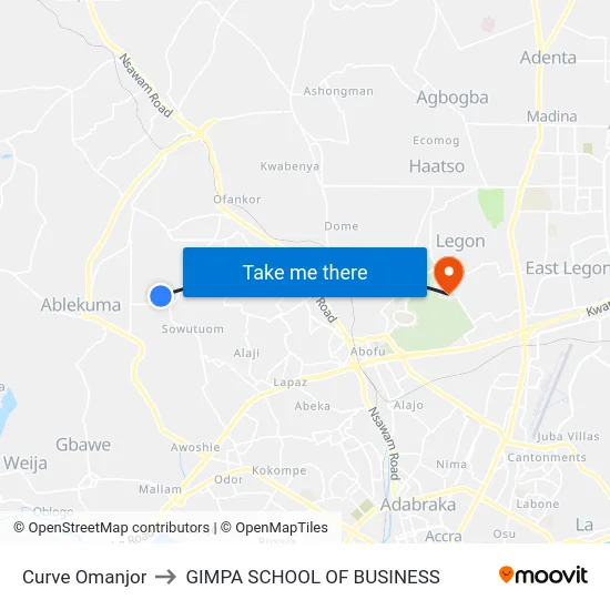 Curve Omanjor to GIMPA SCHOOL OF BUSINESS map