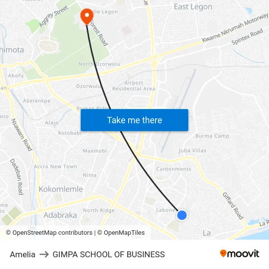 Amelia to GIMPA SCHOOL OF BUSINESS map