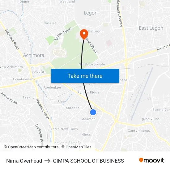 Nima Overhead to GIMPA SCHOOL OF BUSINESS map