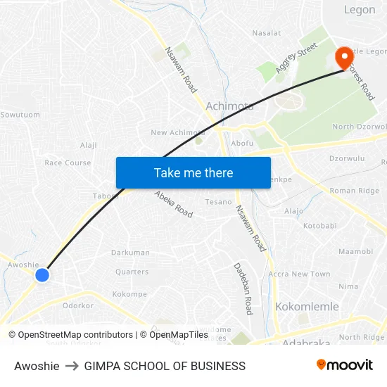 Awoshie to GIMPA SCHOOL OF BUSINESS map