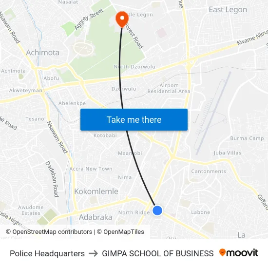 Police Headquarters to GIMPA SCHOOL OF BUSINESS map