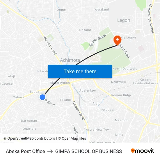 Abeka Post Office to GIMPA SCHOOL OF BUSINESS map