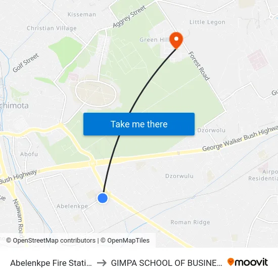Abelenkpe Fire Station to GIMPA SCHOOL OF BUSINESS map