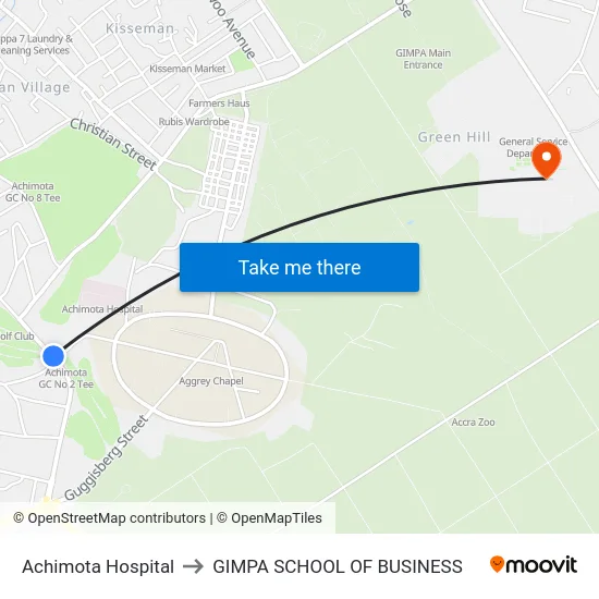 Achimota Hospital to GIMPA SCHOOL OF BUSINESS map