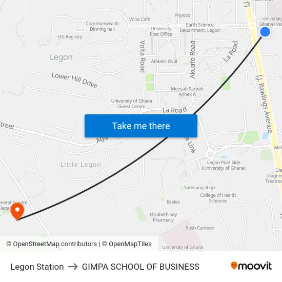 Legon Station to GIMPA SCHOOL OF BUSINESS map
