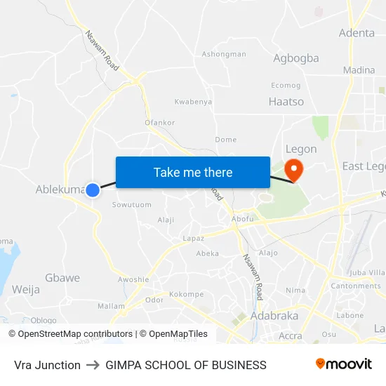Vra Junction to GIMPA SCHOOL OF BUSINESS map
