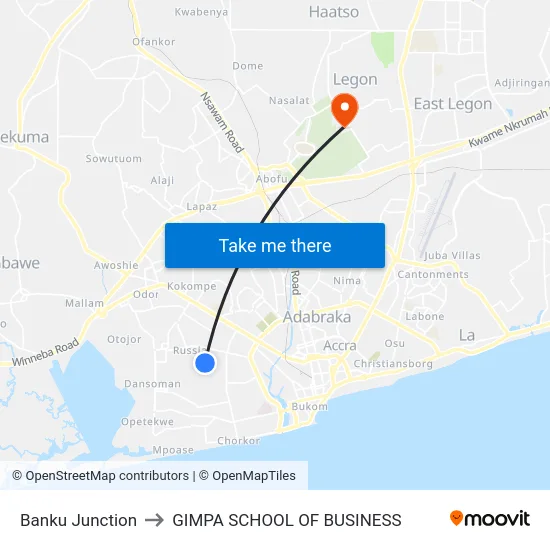 Banku Junction to GIMPA SCHOOL OF BUSINESS map