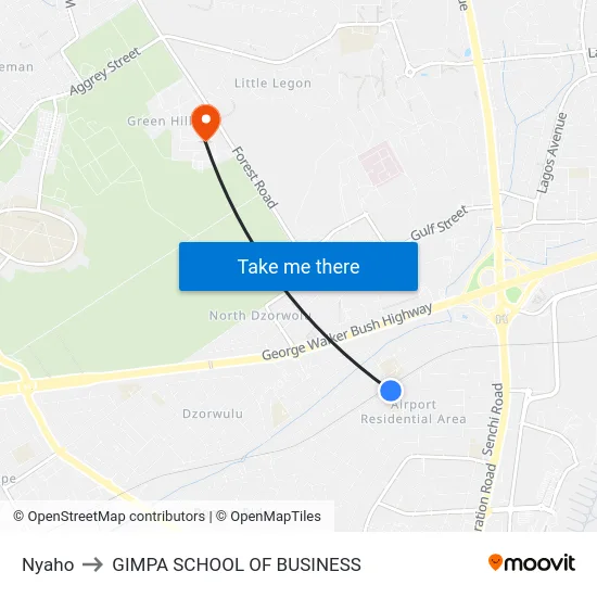 Nyaho to GIMPA SCHOOL OF BUSINESS map