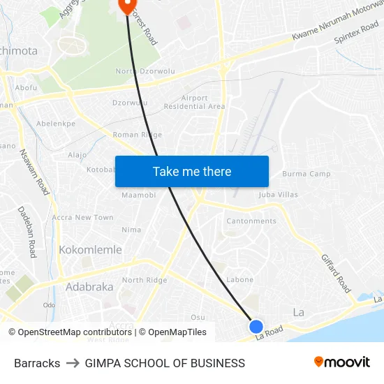 Barracks to GIMPA SCHOOL OF BUSINESS map