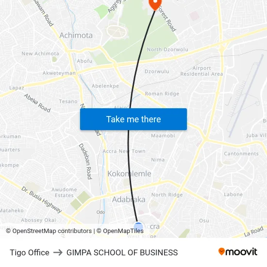 Tigo Office to GIMPA SCHOOL OF BUSINESS map