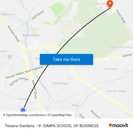 Tesano Gardens to GIMPA SCHOOL OF BUSINESS map