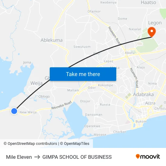 Mile Eleven to GIMPA SCHOOL OF BUSINESS map