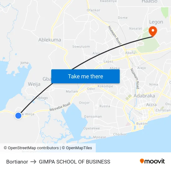 Bortianor to GIMPA SCHOOL OF BUSINESS map