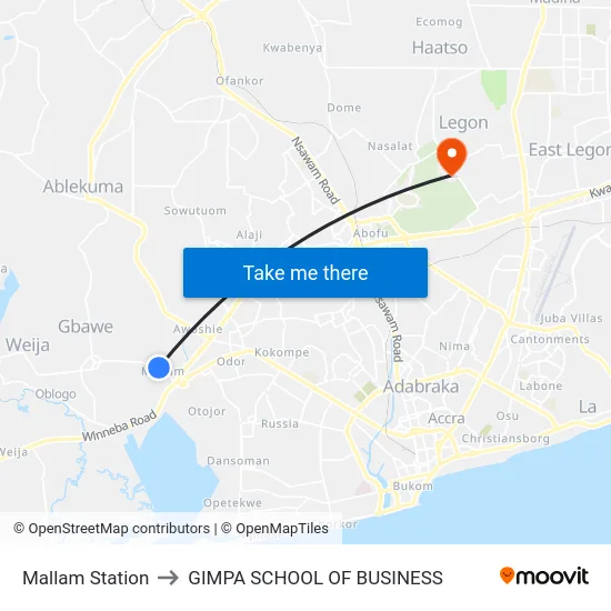 Mallam Station to GIMPA SCHOOL OF BUSINESS map