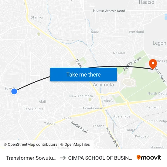 Transformer Sowutuom to GIMPA SCHOOL OF BUSINESS map