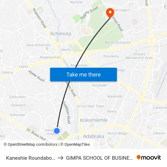 Kaneshie Roundabout to GIMPA SCHOOL OF BUSINESS map