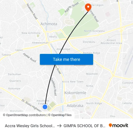 Accra Wesley Girls School Junction to GIMPA SCHOOL OF BUSINESS map