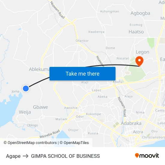 Agape to GIMPA SCHOOL OF BUSINESS map