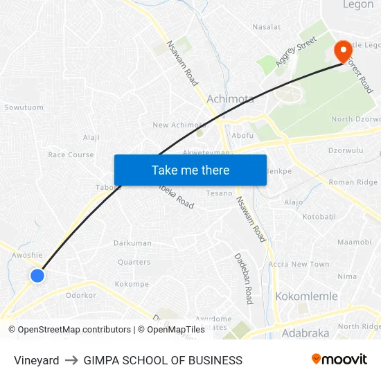 Vineyard to GIMPA SCHOOL OF BUSINESS map