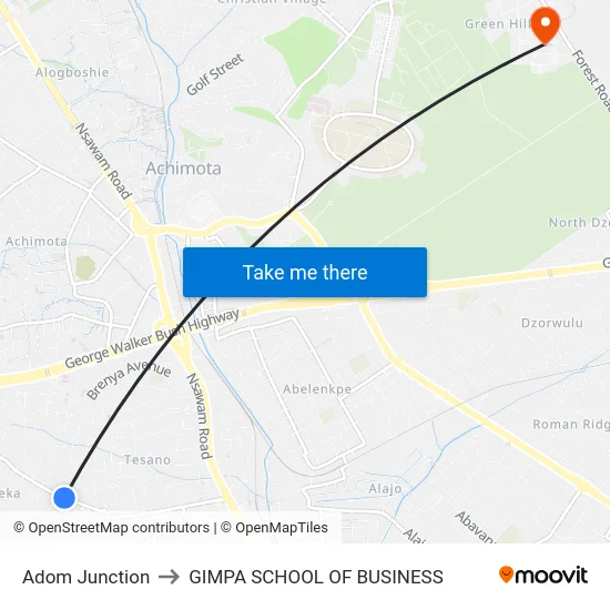 Adom Junction to GIMPA SCHOOL OF BUSINESS map