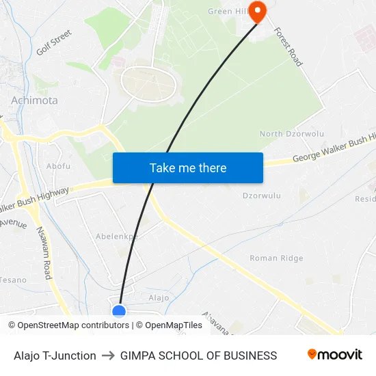 Alajo T-Junction to GIMPA SCHOOL OF BUSINESS map