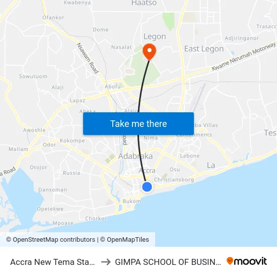 Accra New Tema Station to GIMPA SCHOOL OF BUSINESS map