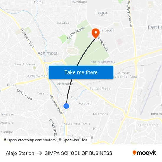 Alajo Station to GIMPA SCHOOL OF BUSINESS map