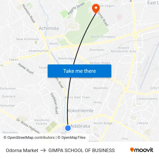 Odorna Market to GIMPA SCHOOL OF BUSINESS map