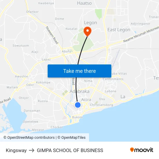 Kingsway to GIMPA SCHOOL OF BUSINESS map