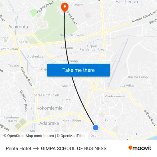 Penta Hotel to GIMPA SCHOOL OF BUSINESS map