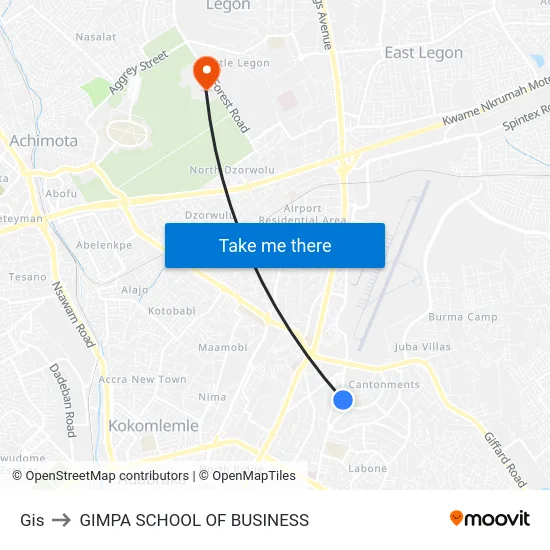 Gis to GIMPA SCHOOL OF BUSINESS map