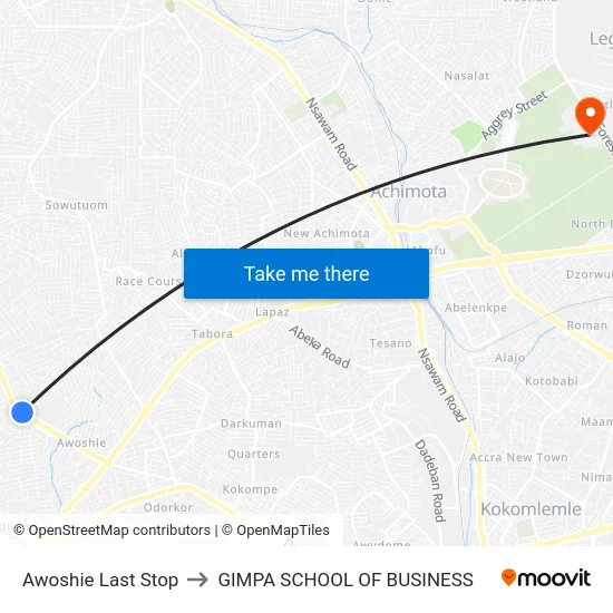 Awoshie Last Stop to GIMPA SCHOOL OF BUSINESS map