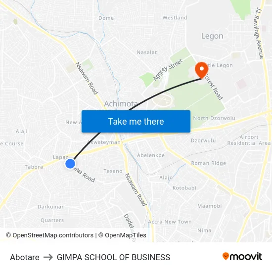 Abotare to GIMPA SCHOOL OF BUSINESS map