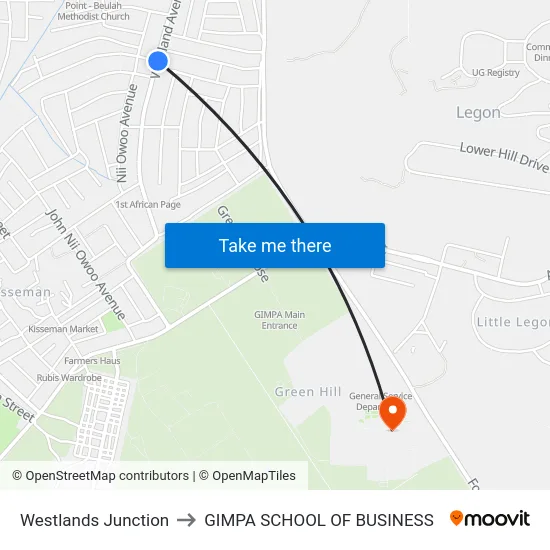 Westlands Junction to GIMPA SCHOOL OF BUSINESS map