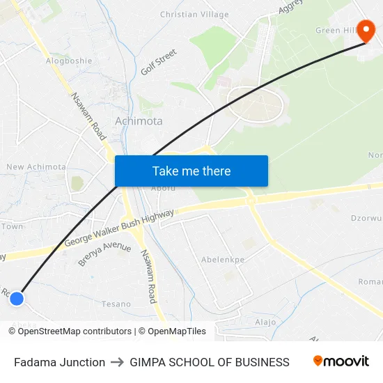 Fadama Junction to GIMPA SCHOOL OF BUSINESS map