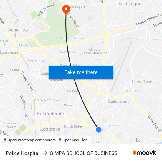 Police Hospital to GIMPA SCHOOL OF BUSINESS map