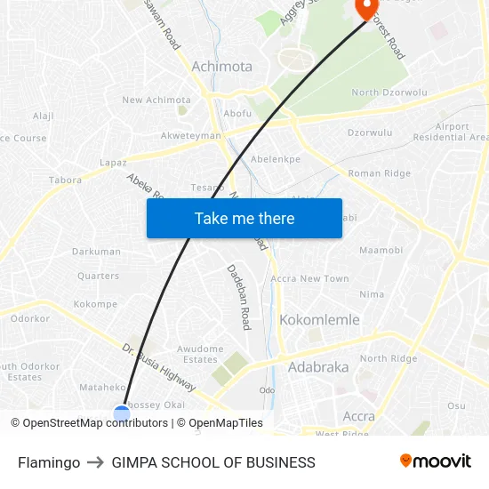 Flamingo to GIMPA SCHOOL OF BUSINESS map