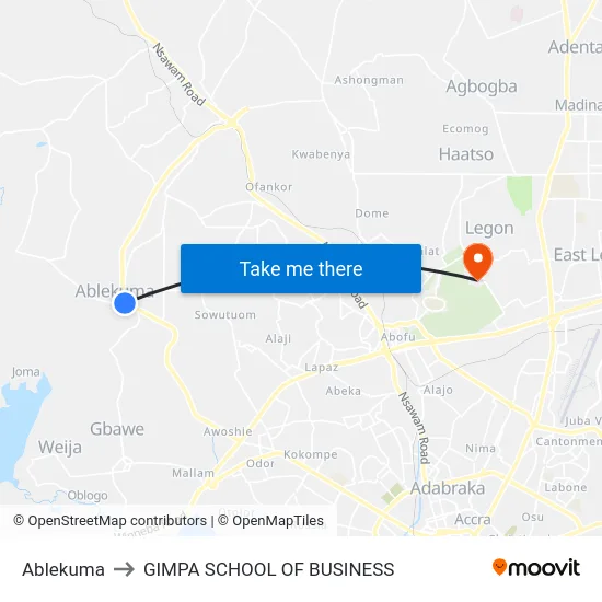 Ablekuma to GIMPA SCHOOL OF BUSINESS map